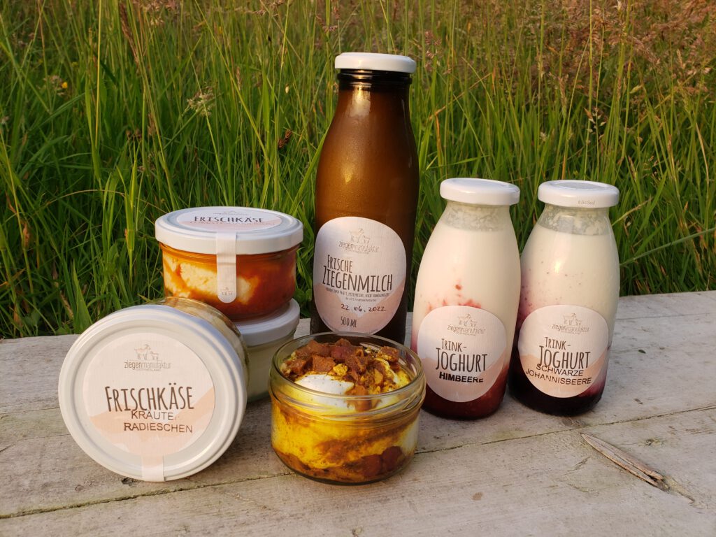 Produktfoto mit Joghurt, Milch und Frischkäse in unterschiedlichen Gläsern